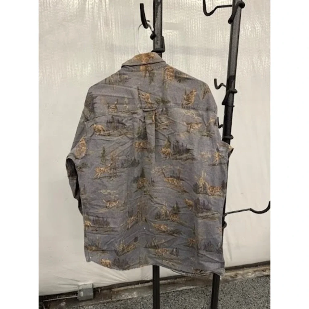 Vintage Woolrich Wolf Nature Print Flannel Shirt Grey Mens Large Made in USA